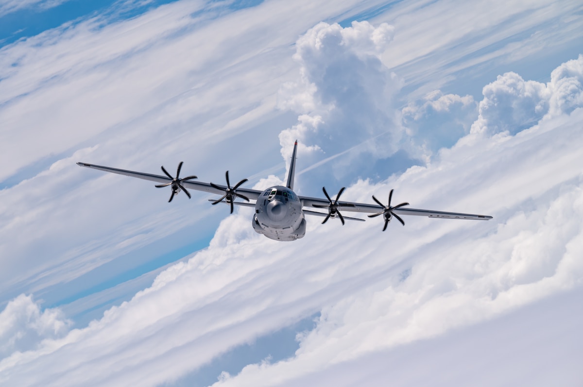 A U.S. Air Force C-130J Super Hercules assigned to the 36th Airlift Squadron flies near Mount Fuji, Japan