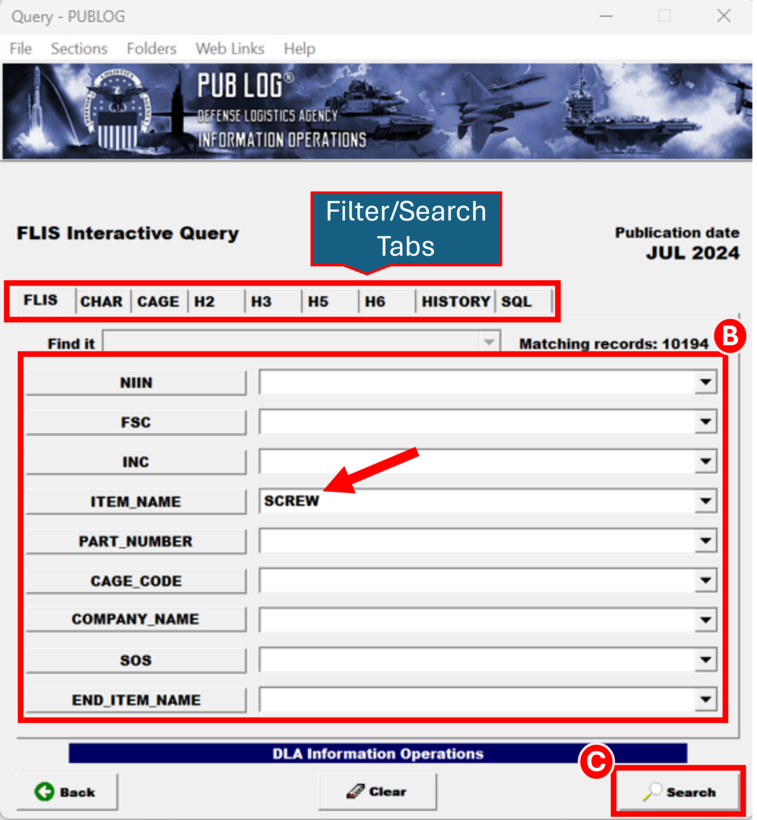 In Pub Log Classic 64-bit a user has the ability to select different filter tabs on how they want to search for items. After selecting the appropriate Interactive Querying tab the user enters search information into appropriate fields and then selects the Search button.