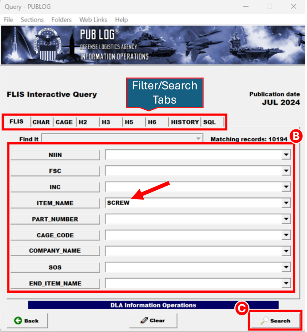In Pub Log Classic 64-bit a user has the ability to select different filter tabs on how they want to search for items. After selecting the appropriate Interactive Querying tab the user enters search information into appropriate fields and then selects the Search button.
