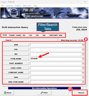 In Pub Log Classic 64-bit a user has the ability to select different filter tabs on how they want to search for items. After selecting the appropriate Interactive Querying tab the user enters search information into appropriate fields and then selects the Search button.