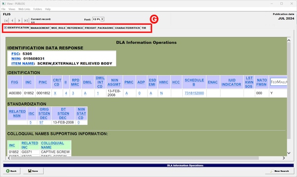 In Pub Log Classic 64-bit a user can select any of the item's data in the following different tabs:  Identification, Management, MOE Rule, Reference, Freight Packaging, Characteristics, and TIR (Total Item Record).