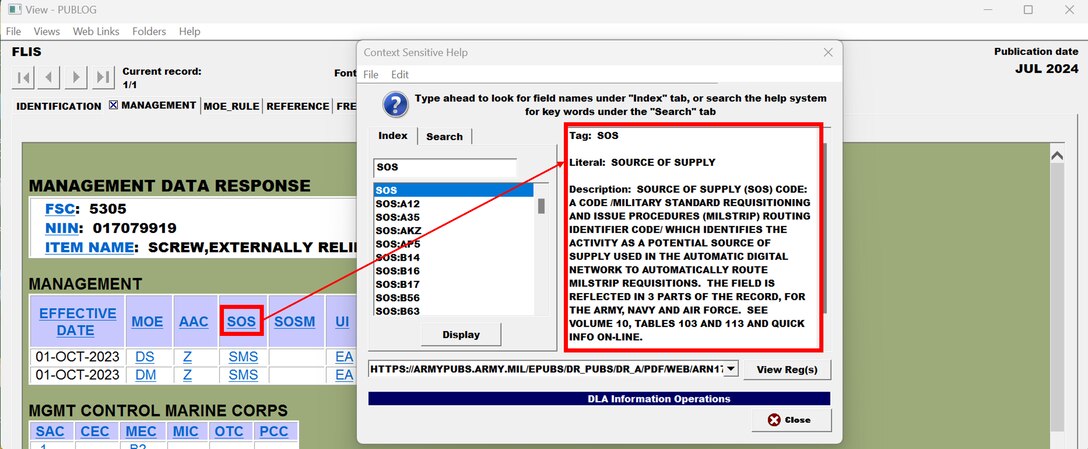 In Pub Log Classic 64-bit a user selects the SOS column title in National Item Identification Number data overview to pull up a dialog box with more details on what SOS means.
