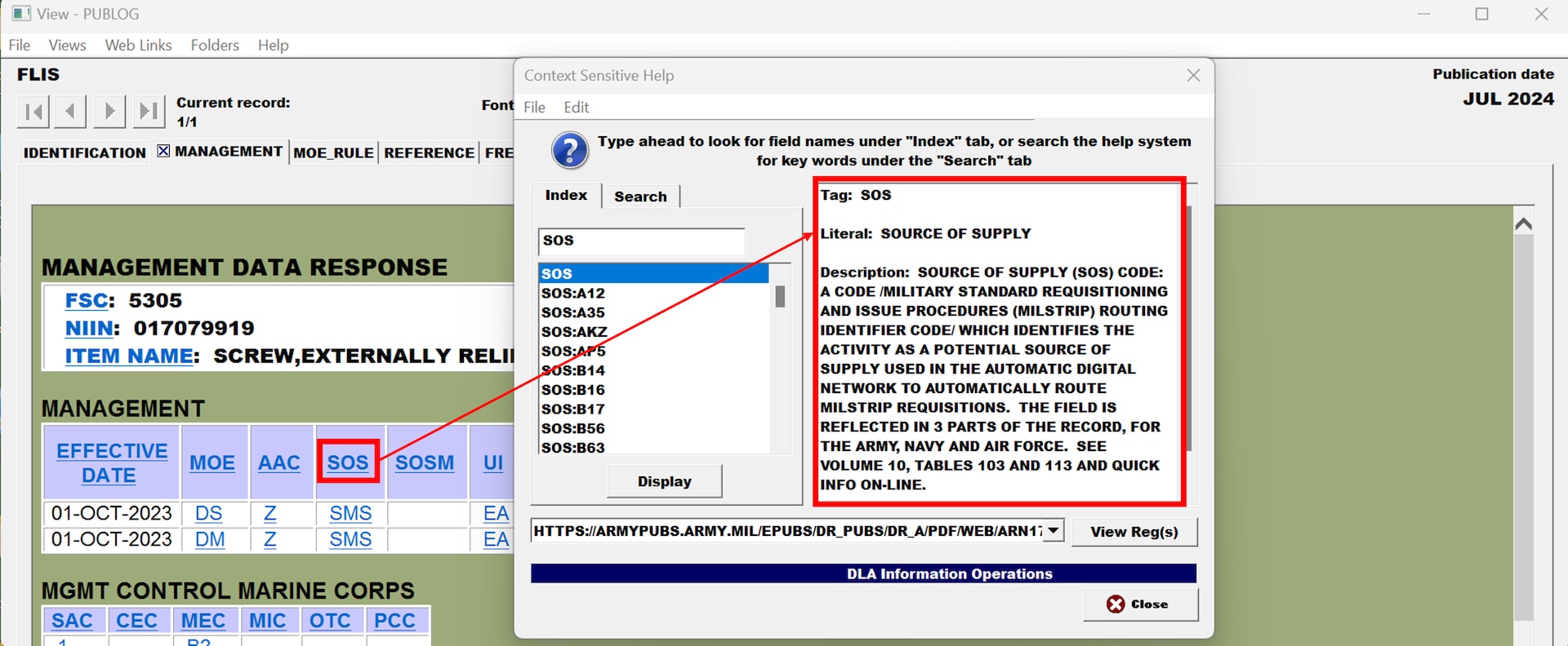 In Pub Log Classic 64-bit a user selects the SOS column title in National Item Identification Number data overview to pull up a dialog box with more details on what SOS means.