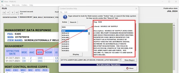 In Pub Log Classic 64-bit a user selects the SOS column title in National Item Identification Number data overview to pull up a dialog box with more details on what SOS means.