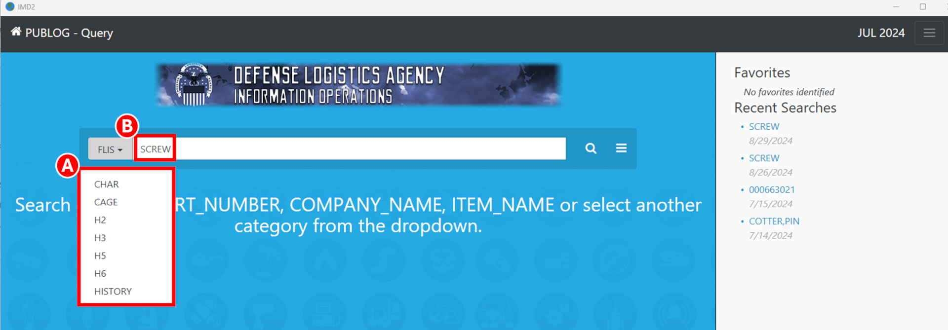 In Pub Log IMD2 Version homescreen the user selects which search filter they want to use by selecting an option in the dropdown and then entering a search term.