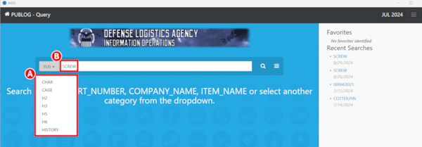 In Pub Log IMD2 Version homescreen the user selects which search filter they want to use by selecting an option in the dropdown and then entering a search term.