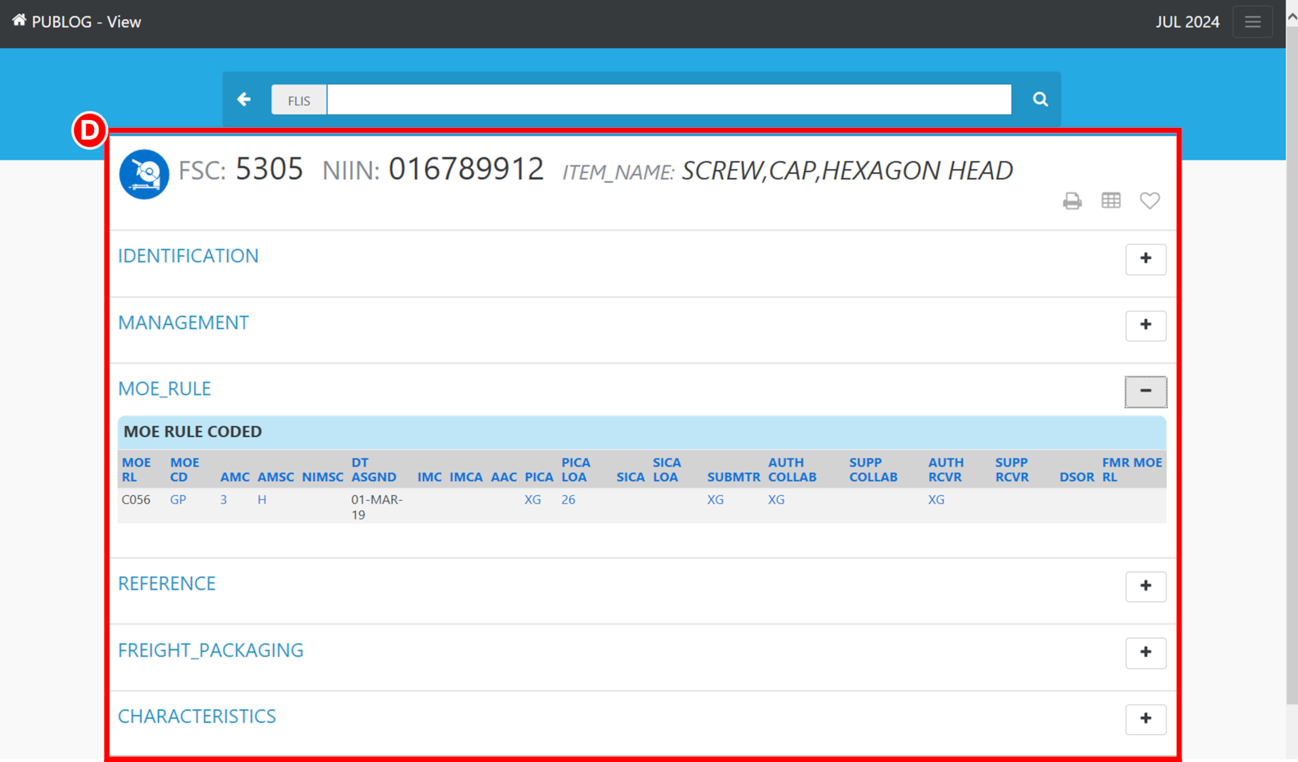 Pub Log IMD2 Version application with NIIN overview highlighting the different sections a user can select on to review item information.