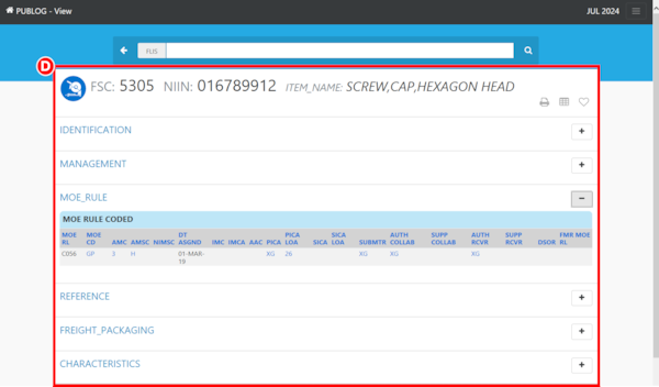 Pub Log IMD2 Version application with NIIN overview highlighting the different sections a user can select on to review item information.