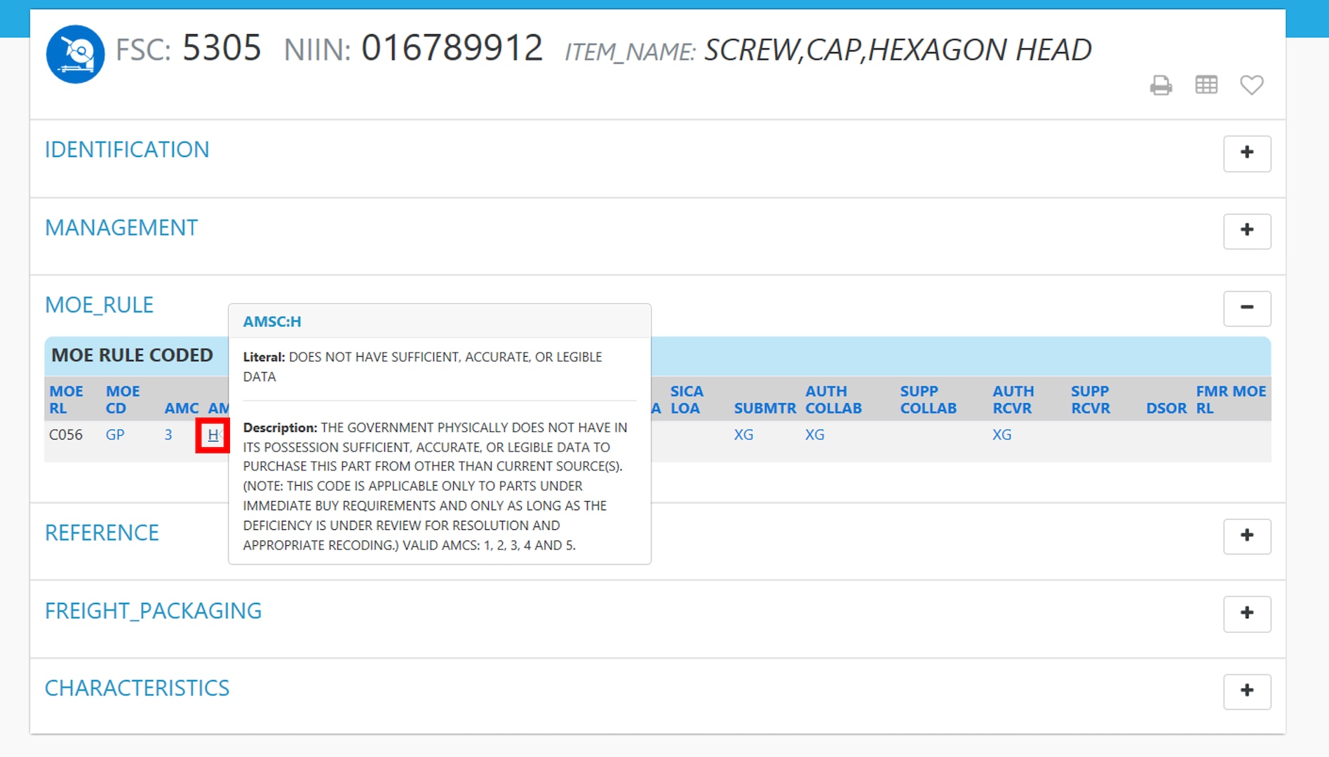 Pub Log IMD2 Version application with NIIN overview; User selects the AMSC code H to then review informational pop up concerning the code.