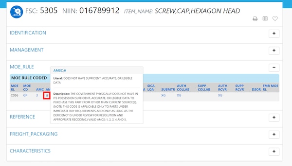 Pub Log IMD2 Version application with NIIN overview; User selects the AMSC code H to then review informational pop up concerning the code.