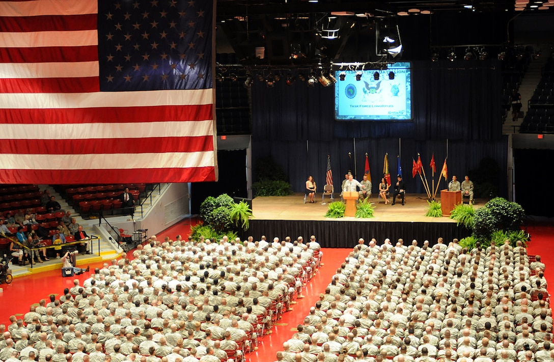 Kentucky's Adjutant General, Maj. Gen. Edward W. Tonini speaks to the Soldiers of the 2/138th Field Artillery during the unit's farewell ceremony in Frankfort, Ky., Aug. 31, 2012. Approximately 565 soldiers deployed to the Horn of Africa for a scheduled nine-month deployment.