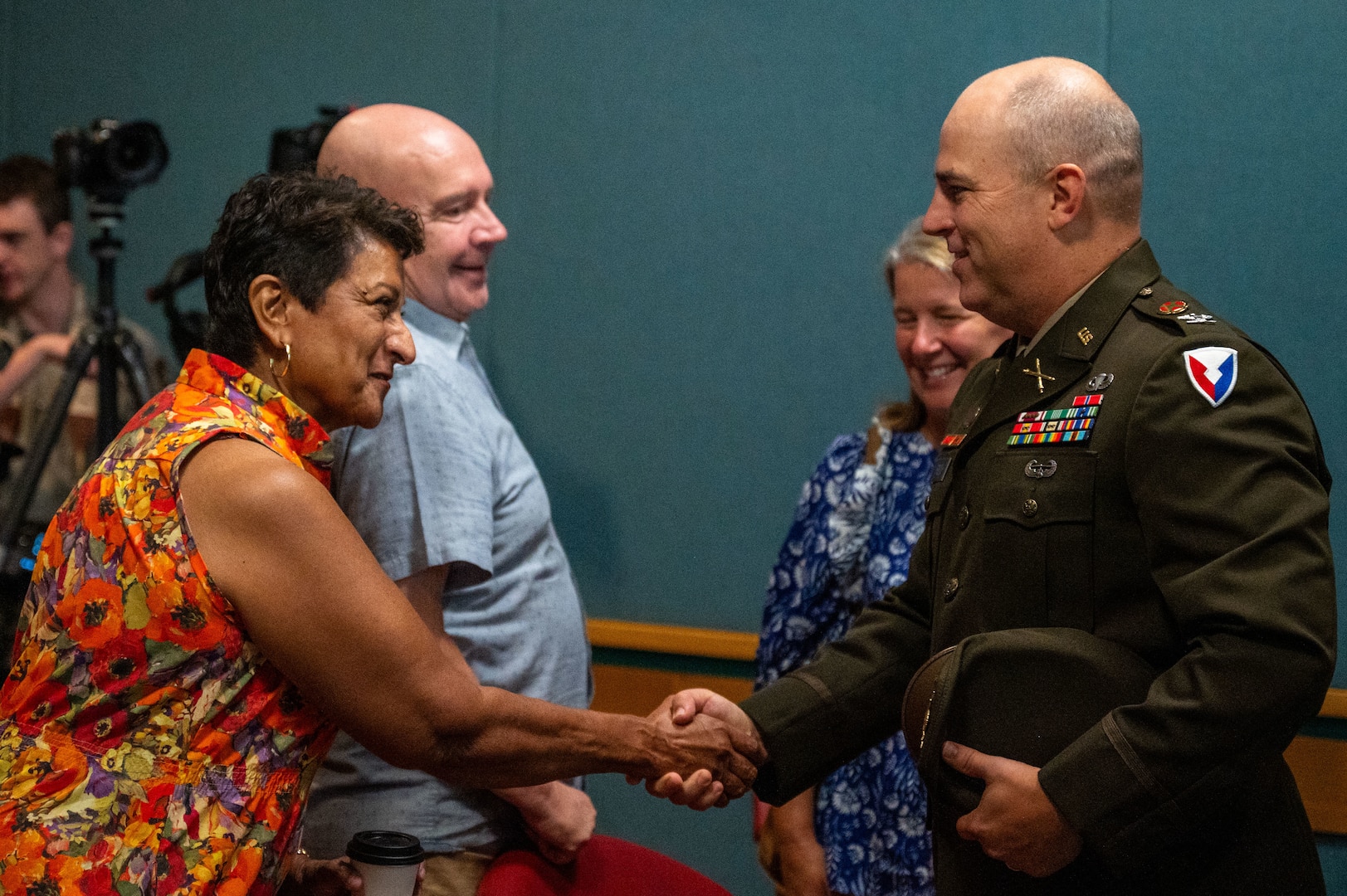 U.S. Army Col. Will Freds, Joint Base San Antonio and 502d Air Base Wing vice commander, greets guests during a wreath-laying ceremony to commemorate former President Lyndon B. Johnson’s birthday, inside the Lyndon B. Johnson National Historical Park visitors center, Stonewall, Texas Aug. 27, 2024. Johnson signed the Civil Rights Act of 1964, that protected voting rights, guaranteed access to public accommodations and allowed the withholding of federal funds from programs that had discriminatory practices. (U.S. Air Force photo by Senior Airman Gabriel Jones)