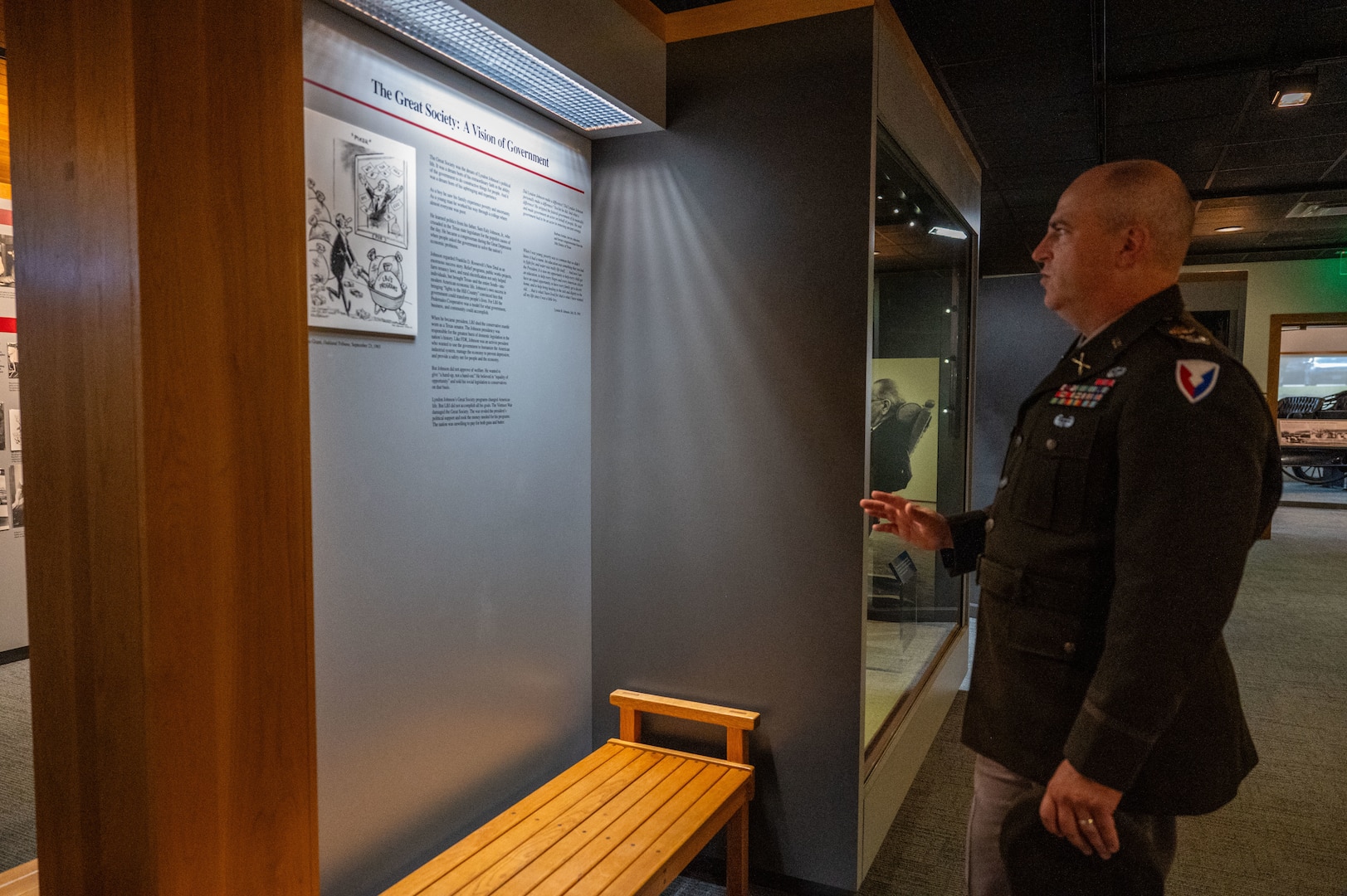U.S. Army Col. Will Freds, Joint Base San Antonio and 502d Air Base Wing vice commander, explores the Lyndon B. Johnson National Historical Park visitors center, Stonewall, Texas, following a wreath-laying ceremony to honor the former president’s birthday, Aug. 27, 2024. As the only U.S. president born in Texas, Johnson's vision for a "Great Society" included civil and voting rights, funding for education, programs for urban renewal, Medicare, crime prevention and consumer protection. (U.S. Air Force photo by Senior Airman Gabriel Jones)