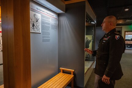 U.S. Army Col. Will Freds, Joint Base San Antonio and 502d Air Base Wing vice commander, explores the Lyndon B. Johnson National Historical Park visitors center, Stonewall, Texas, following a wreath-laying ceremony to honor the former president’s birthday, Aug. 27, 2024. As the only U.S. president born in Texas, Johnson's vision for a "Great Society" included civil and voting rights, funding for education, programs for urban renewal, Medicare, crime prevention and consumer protection. (U.S. Air Force photo by Senior Airman Gabriel Jones)
