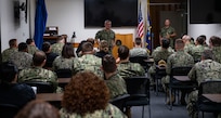 Master Chief Blake G. Schimmel, command master chief, Naval Sea Systems Command, speaks with Sailors at Trident Refit Facility, Bangor, Washington. (U.S. Navy photo by Lonnie Collier)