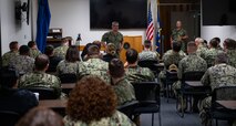 Master Chief Blake G. Schimmel, command master chief, Naval Sea Systems Command, speaks with Sailors at Trident Refit Facility, Bangor, Washington. (U.S. Navy photo by Lonnie Collier)