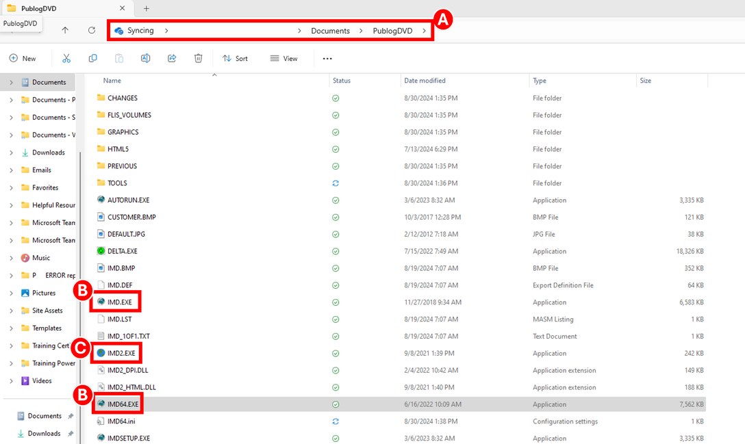 User confirms the location where the extracted Pub Log files were saved, and then either selects IMD.EXE or IMD64.EXE for Classic 64-Bit Pub Log or selects IMD2.EXE for the newest Pub Log GUI format.