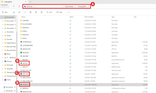 User confirms the location where the extracted Pub Log files were saved, and then either selects IMD.EXE or IMD64.EXE for Classic 64-Bit Pub Log or selects IMD2.EXE for the newest Pub Log GUI format.