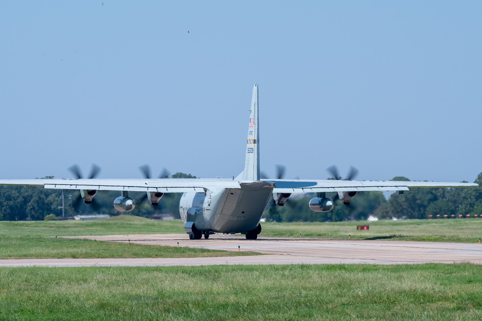 An aircraft taxis to the flightline