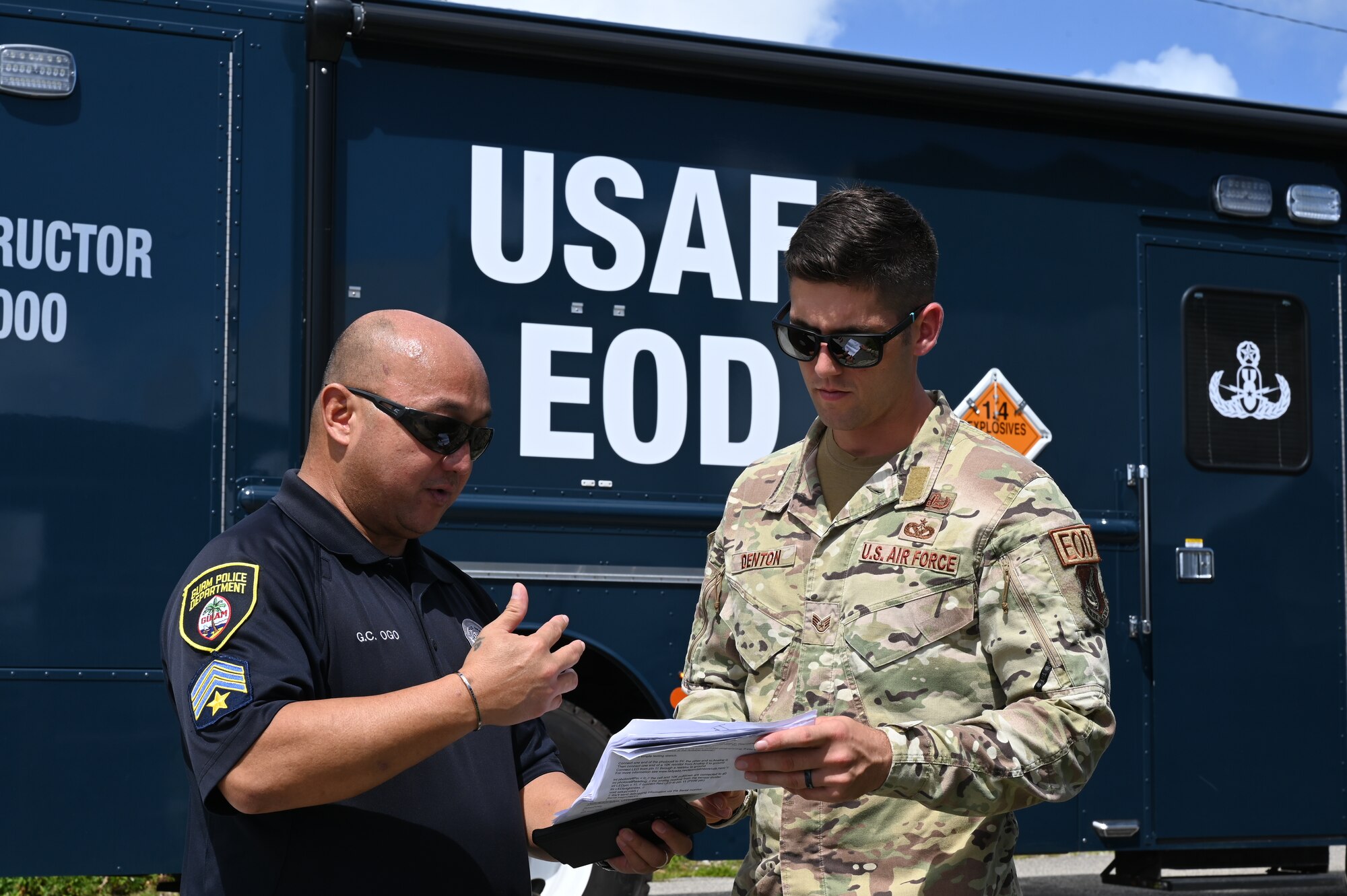 U.S. Air Force EOD (Explosive Ordinance Disposal) team, The GPD (Guam Police Department), and GPD’s K9 Unit collaborate during a train exercise to improve and enhance response capabilities for real-world bomb threats in the Indo-Pacific.