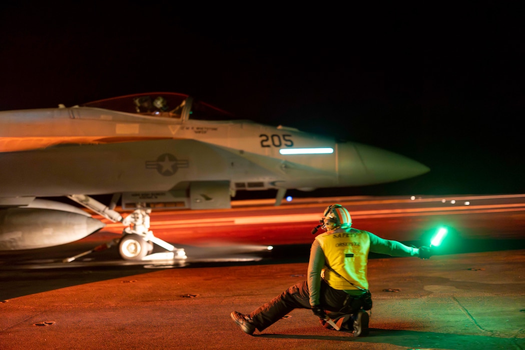 An F/A-18E Super Hornet from VFA-113 launches from USS Carl Vinson (CVN 70) during flight operations in the Pacific Ocean.