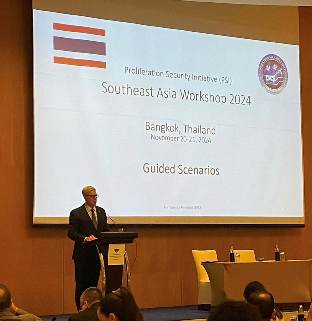 Mr. Brendan Melley, Director of INSS’ Center for the Study of Weapons of Mass Destruction, stands at a podium while facilitating a tabletop exercise with WMD interdiction scenarios at the Southeast Regional Proliferation Security Initiative (PSI) Workshop in Bangkok, Thailand.