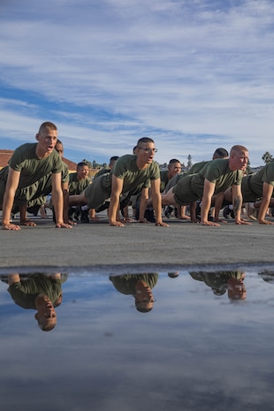 New U.S. Marines with Golf Company, 2nd Recruit Training Battalion, conduct dynamic warm-ups prior to the company motivational run at Marine Corps Recruit Depot San Diego, California, Nov. 25, 2024. The company motivational run is a three-mile cadence run conducted around the Depot, the last physical training event the Marines will conduct before they graduate from MCRD San Diego and the first time their friends and families will see their newly transformed U.S. Marines. (U.S. Marine Corps photo by Cpl. Alexandra M. Earl)
