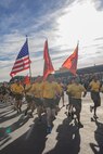 The U.S. Marines with Recruit Training Regiment, lead the company motivational run for Golf Company, 2nd Recruit Training Battalion, at Marine Corps Recruit Depot San Diego, California, Nov. 25, 2024. The company motivational run is a three-mile cadence run conducted around the Depot, the last physical training event the Marines will conduct before they graduate from MCRD San Diego and the first time their friends and families will see their newly transformed U.S. Marines. (U.S. Marine Corps photo by Cpl. Alexandra M. Earl)