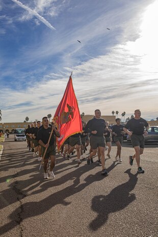 U.S. Marines with 12th Marine Corps District, Western Recruiting Region, participate in the company motivational run for Golf Company, 2nd Recruit Training Battalion as a part of Spiritual Fitness Month at MCRD San Diego, California, Nov. 25, 2024. Spiritual Fitness Month is a program implemented to bring awareness to spiritual health. MCRD San Diego is the first Marine Corps Base to implement this program. The company motivational run is a three-mile cadence run conducted around the Depot, the last physical training event the Marines will conduct before they graduate from MCRD San Diego and the first time their friends and families will see their newly transformed U.S. Marines. (U.S. Marine Corps photo by Cpl. Alexandra M. Earl)