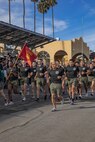 U.S. Marines with Recruit Training Regiment, Marine Corps Recruit Depot San Diego, participate in the company motivational run for Golf Company, 2nd Recruit Training Battalion as a part of Spiritual Fitness Month at MCRD San Diego, California, Nov. 25, 2024. Spiritual Fitness Month is a program implemented to bring awareness to spiritual health. MCRD San Diego is the first Marine Corps Base to implement this program. The company motivational run is a three-mile cadence run conducted around the Depot, the last physical training event the Marines will conduct before they graduate from MCRD San Diego and the first time their friends and families will see their newly transformed U.S. Marines. (U.S. Marine Corps photo by Cpl. Alexandra M. Earl)