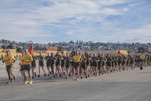 U.S. Marines with Golf Company, 2nd Recruit Training Battalion, participate in the company motivational run at Marine Corps Recruit Depot San Diego, California, Nov. 25, 2024. The company motivational run is a three-mile cadence run conducted around the Depot, the last physical training event the Marines will conduct before they graduate from MCRD San Diego and the first time their friends and families will see their newly transformed U.S. Marines. (U.S. Marine Corps photo by Cpl. Alexandra M. Earl)