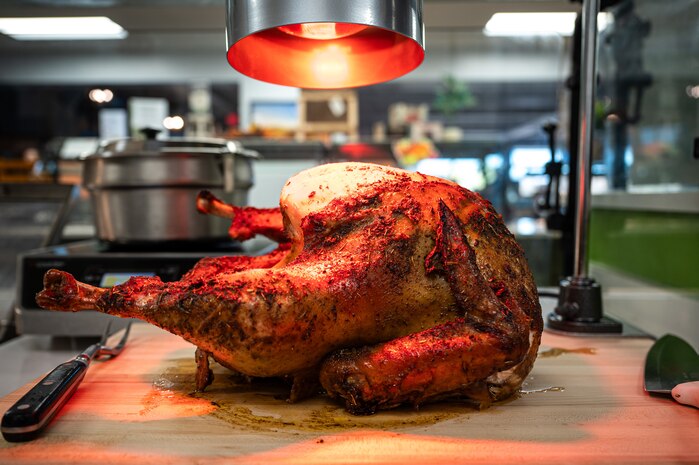 Turkey is served during Thanksgiving at the Crosswinds Dining Facility, Nellis Air Force Base, Nevada, Nov. 28, 2024.