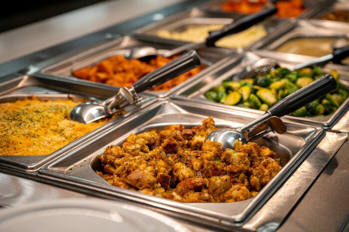 Thanksgiving meals are served at the Crosswinds Dining Facility, Nellis Air Force Base, Nevada, Nov. 28, 2024.