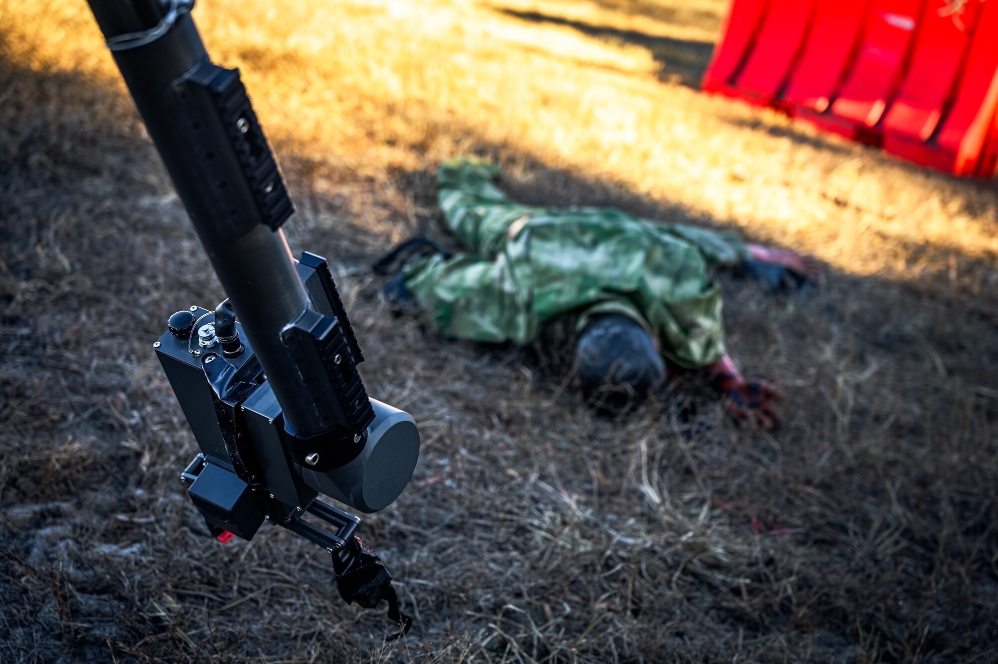 A man transportable robotics system assigned to the 87th Civil Engineer Squadron approaches a training dummy at Joint Base McGuire-Dix-Lakehurst, N.J., Nov. 13, 2024. The 87th CES Explosive Ordnance Disposal unit underwent a four-day training involving three teams of three technicians who worked through 20 intricate scenarios as part of an annual training qualification. (U.S. Air Force photo by Senior Airman Matt Porter)