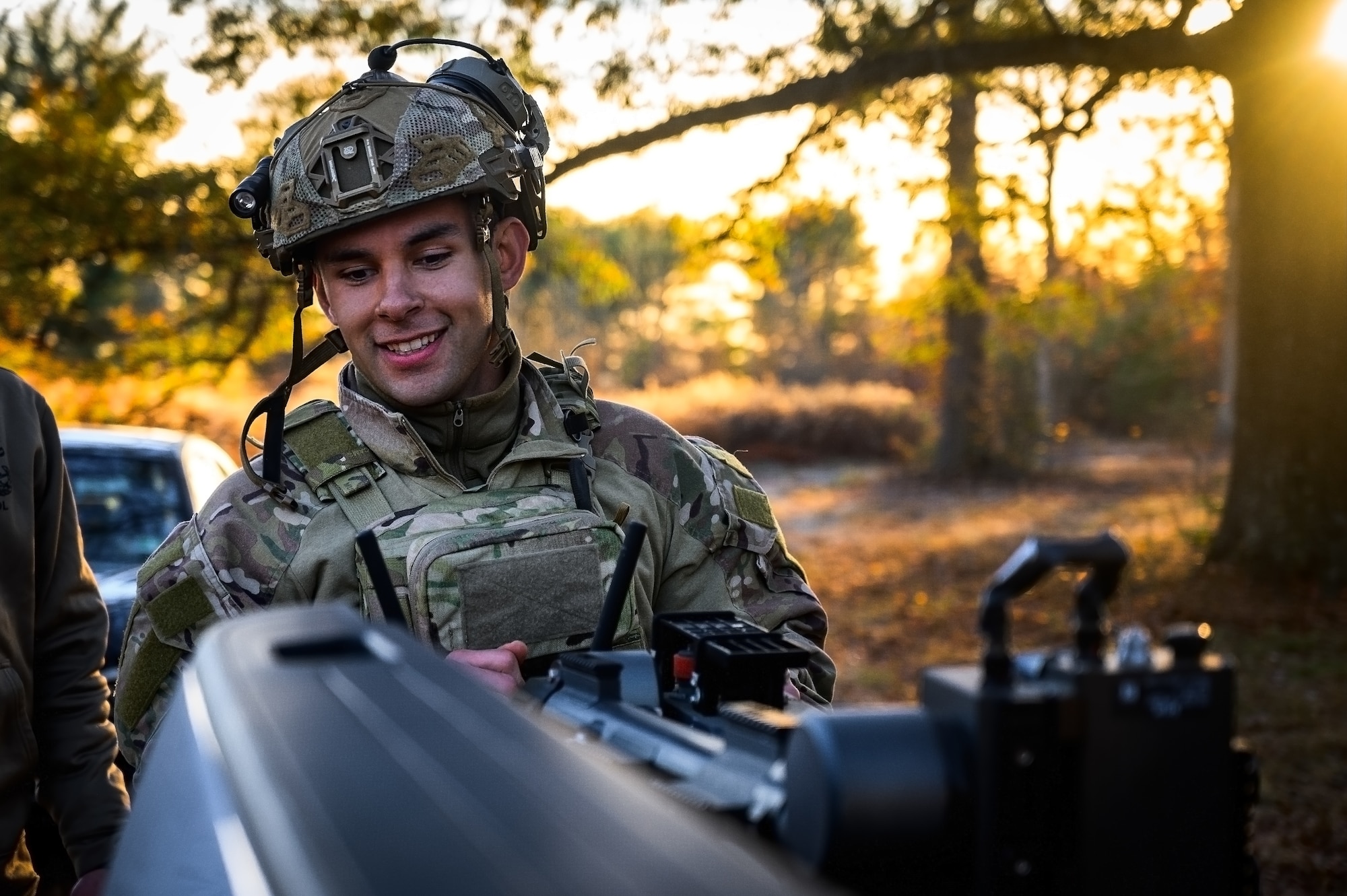 U.S. Air Force Senior Airman Nicholas Izzo, 87th Civil Engineer Squadron explosive ordnance disposal technician, uploads a man transportable robotics system into a vehicle at Joint Base McGuire-Dix-Lakehurst, N.J., Nov. 13, 2024. The 87th CES EOD unit underwent a four-day training involving three teams of three technicians who worked through 20 intricate scenarios as part of an annual training qualification. (U.S. Air Force photo by Senior Airman Matt Porter)