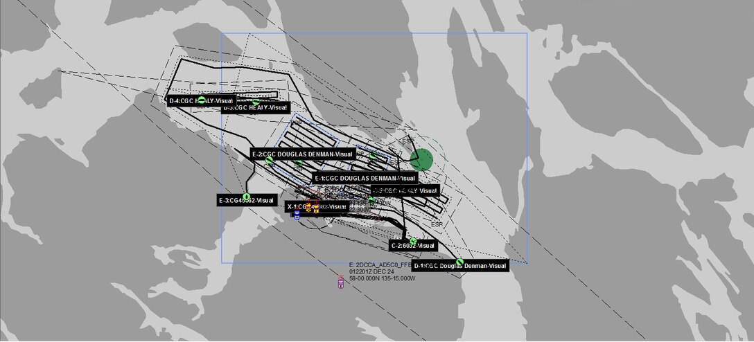 This graphic shows the combined search area covered by the Coast Guard and other partner agencies for five people after their vessel reportedly capsized near Couverden Point, Alaska, Dec. 1, 2024. The total search area covered was over 108 square nautical miles in the span of nearly 24 hours. (U.S. Coast Guard graphic)