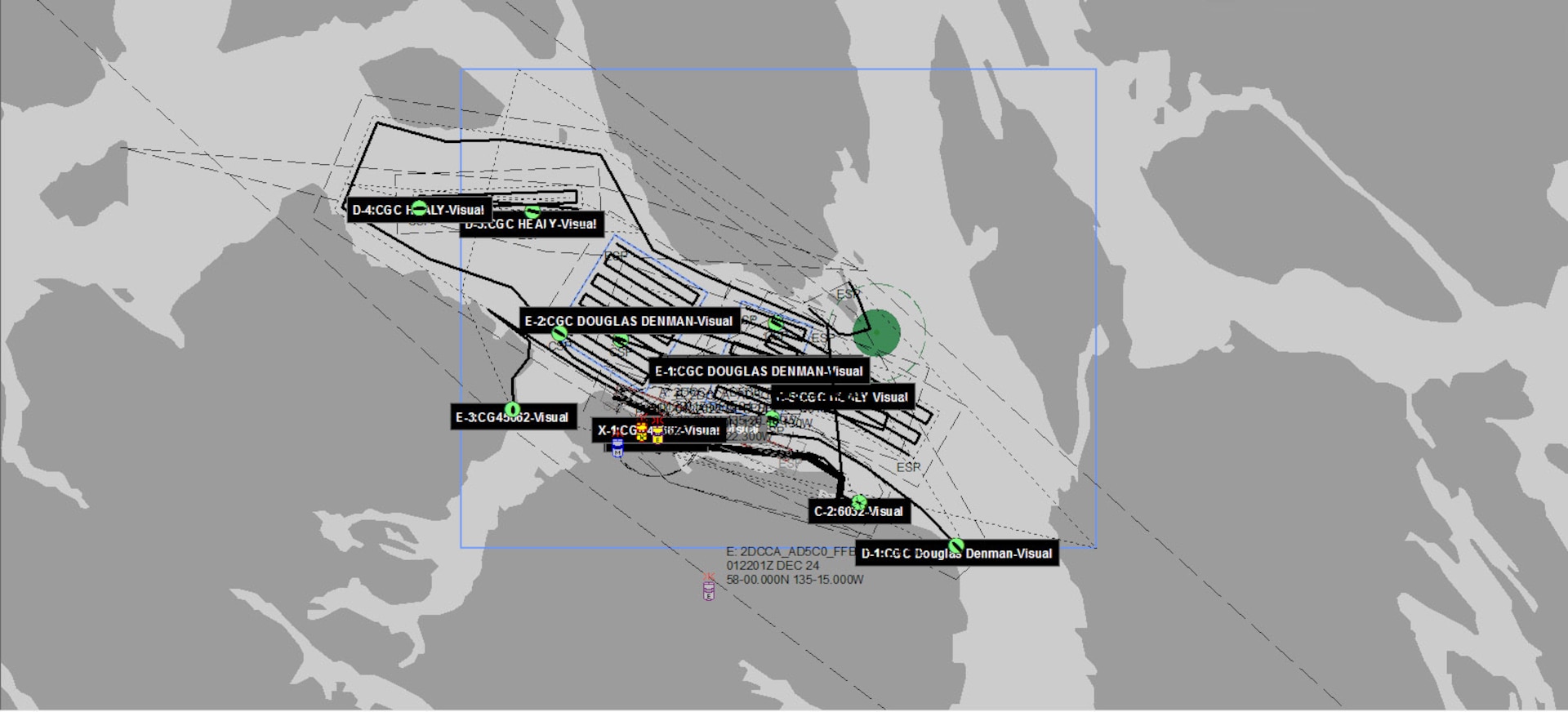 This graphic shows the combined search area covered by the Coast Guard and other partner agencies for five people after their vessel reportedly capsized near Couverden Point, Alaska, Dec. 1, 2024. The total search area covered was over 108 square nautical miles in the span of nearly 24 hours. (U.S. Coast Guard graphic)