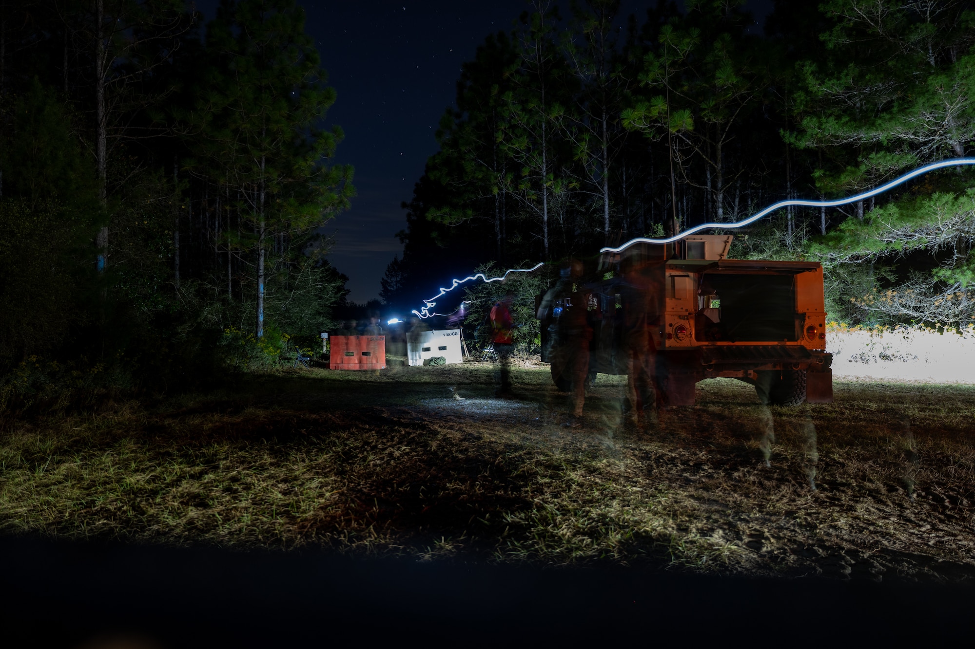 U.S. Airmen assigned to the 1st Special Operations Mission Support Group, guard an entry control point during a bivouac exercise at Eglin Range, Eglin Air Force Base, Florida, Nov. 5, 2024. The exercise tested the 1st Special Operations Missions Support Group’s ability to rapidly deploy and establish base operations infrastructure enabling contingency and wartime operations. (U.S. Air Force photo by Senior Airman Hussein Enaya)