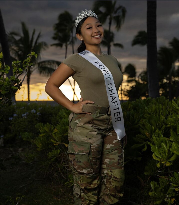 Spc. Kayla Francisco, a religious affairs specialist with the 8th Theater Sustainment Command, poses for a photo on Oahu, Hawaii, March 19, 2024. Francisco represented Fort Shafter in the Miss Bikini Hawaii Pageant in 2024. (Courtesy photo)