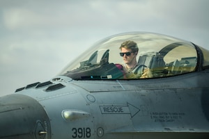 U.S. Air Force Capt. Kyle “Anchor” Oldenburg, 480th Expeditionary Fighter Squadron F-16 pilot, returns from a training flight during Exercise PHOENIX ARMOR in a U.S. Central Command area of responsibility, Nov. 26, 2024.