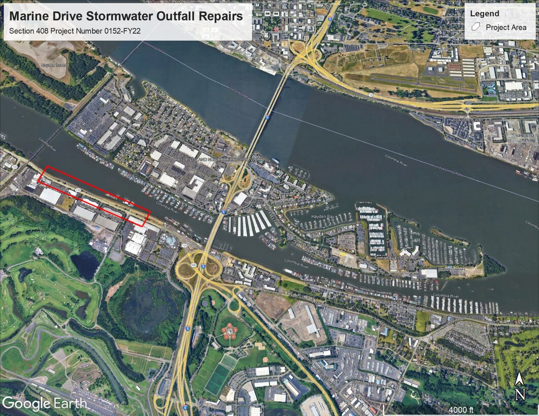 Map showing project area along North Marine Drive between approximately 2133 Marine Dr. W. and 3388 W. Delta Park Portland, Multnomah County, Oregon.