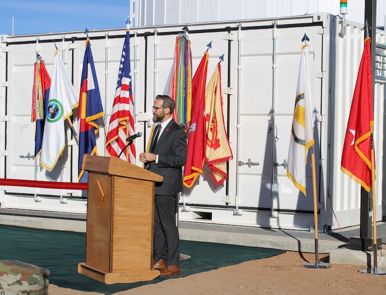 ERDC's Construction Engineering Research Laboratory (CERL) Director Dr. Andrew Nelson delivering remarks at the Gridstar Flow Battery ribbon cutting ceremony.