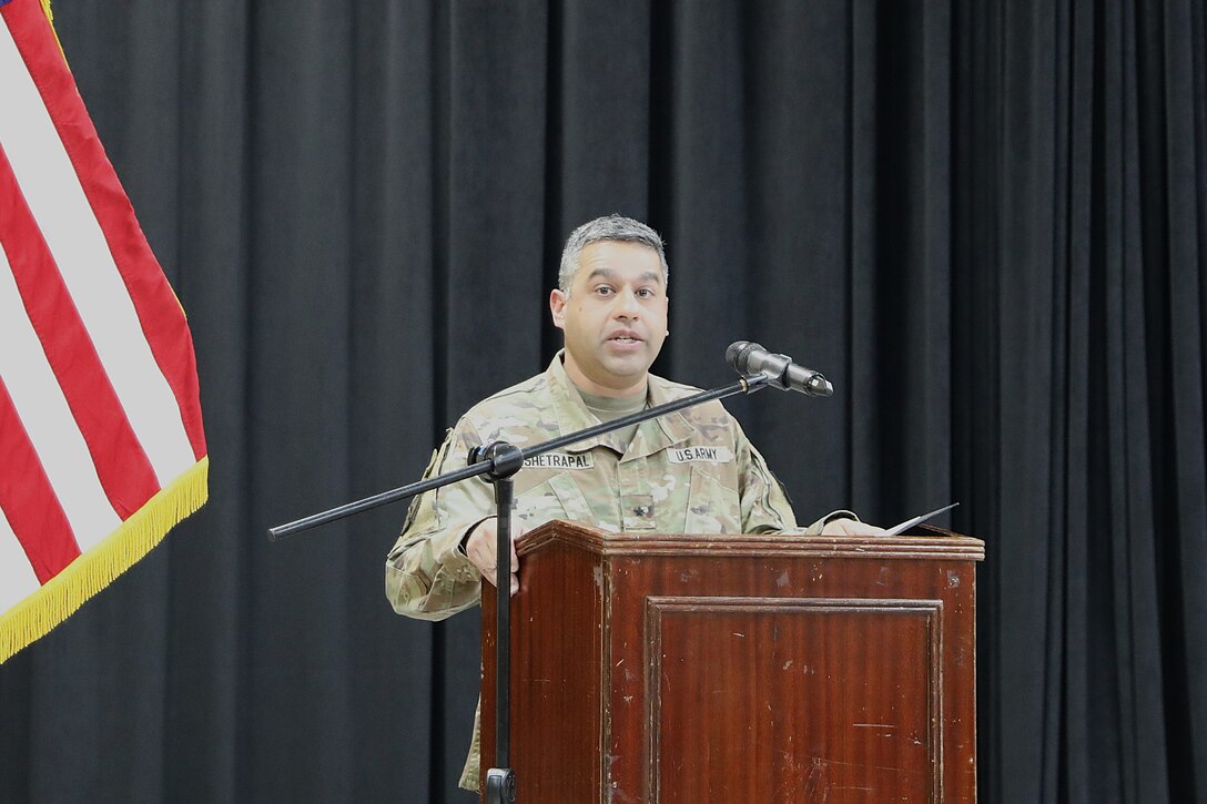 A leader speaks during an end of tour ceremony in the U.S. Central Command area of responsibility.