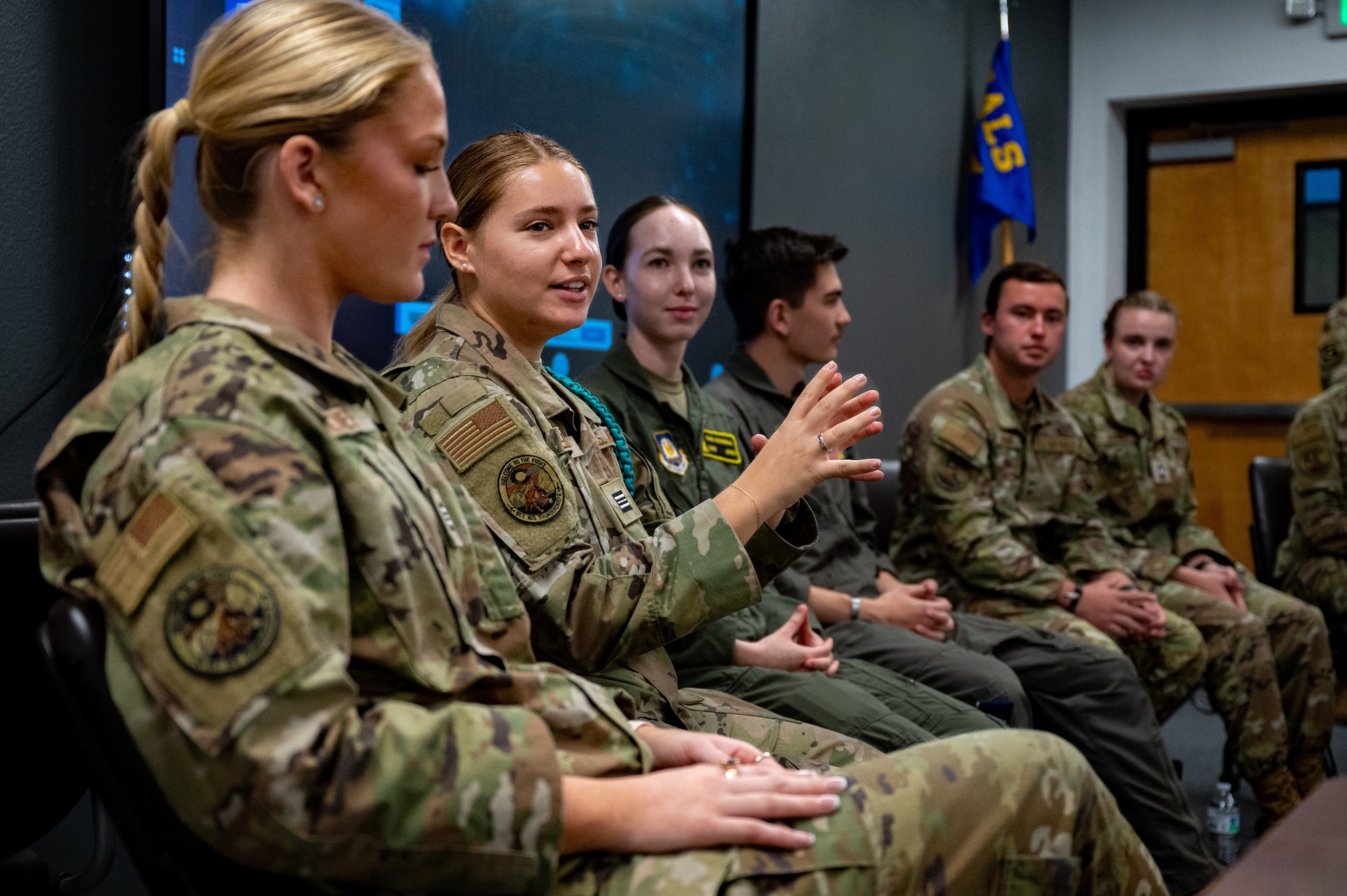 U.S. Air Force, Reserve Officer’s Training Corps. cadets from Detachment 105 Colorado University Boulder mentor students from the Airman and Guardian Leadership School class 25-A on Buckley Space Force Base, Colorado, October 28, 2024. During the visit, cadets and future non-commissioned officers engaged in open discussions where they shared perspectives and insights from each other’s journeys and aspirations. (U.S. Space Force photo by Senior Airman Joshua Hollis)