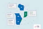 Map highlighting Wisconsin, Missouri, Arkansas, and Indiana. A small portion of Indiana is highlighted in blue (West Region); small portions of Wisconsin, Missouri, and Arkansas are highlighted in green (staying in the East Region).