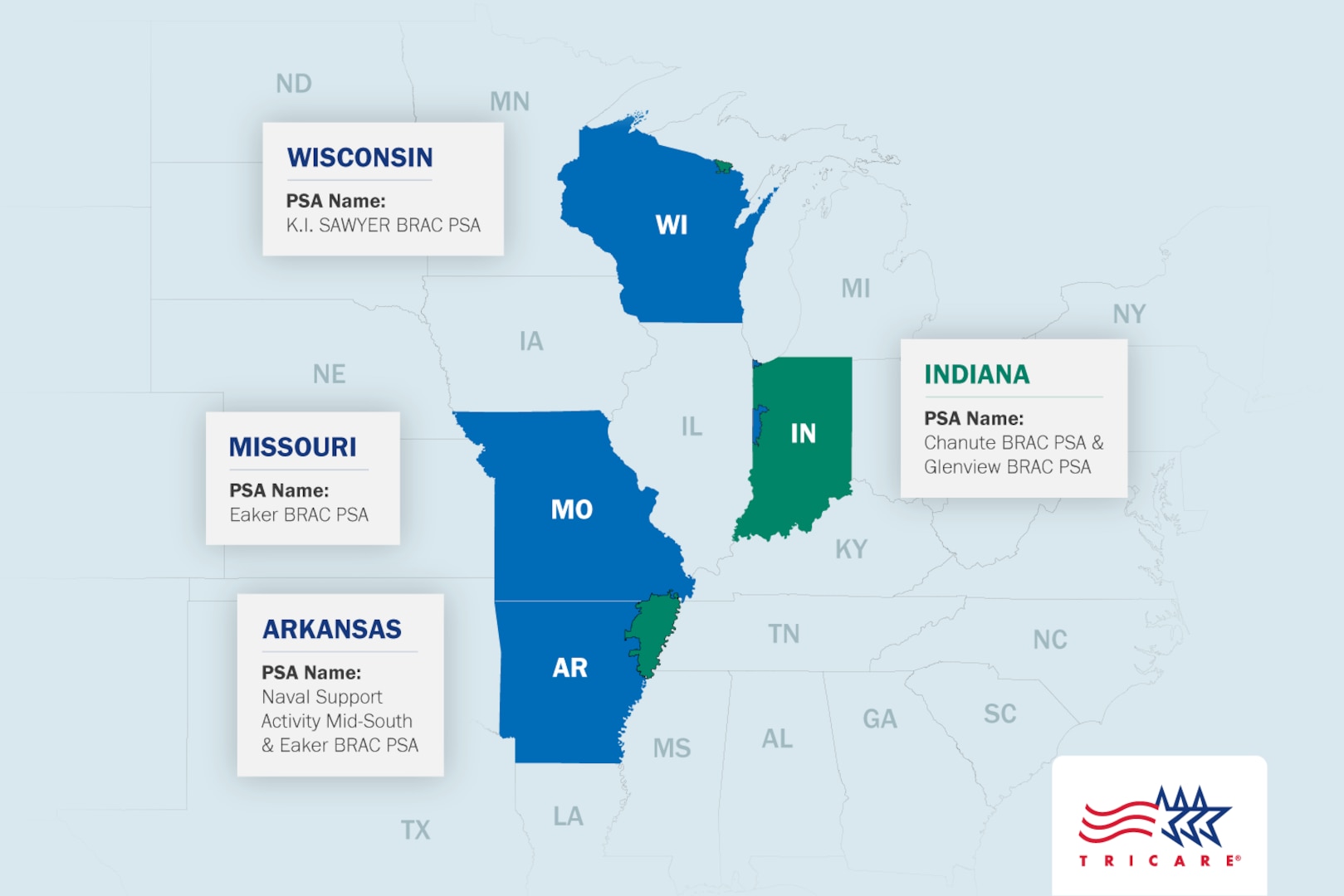 Map highlighting Wisconsin, Missouri, Arkansas, and Indiana. A small portion of Indiana is highlighted in blue (West Region); small portions of Wisconsin, Missouri, and Arkansas are highlighted in green (staying in the East Region).