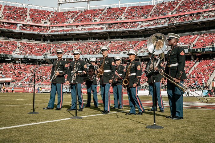 U.S. Marines with Marine Band San Diego; perform during the pregame show before the San Francisco 49ers Salute to Service game vs. the Seattle Seahawks at Levi’s Stadium Santa Clara; California. Nov. 17; 2024. The Marine Band San Diego participated in the Salute to Service game to help honor the nation's service members; veterans and their families. (U.S. Marine Corps photo by Cpl. Sarah M. Grawcock)