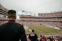 U.S. Marine Corps Sgt. Nikolas Slattery with Marine Band San Diego, waits to perform at the San Francisco 49ers Salute to Service game vs. the Seattle Seahawks at Levi’s Stadium Santa Clara, California. Nov. 17, 2024. Marine Band San Diego participated in the Salute to Service game to help honor the nation's service members, veterans and their families. (U.S. Marine Corps photo by Cpl. Sarah M. Grawcock)