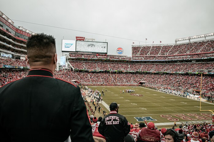 U.S. Marine Corps Sgt. Nikolas Slattery with Marine Band San Diego, waits to perform at the San Francisco 49ers Salute to Service game vs. the Seattle Seahawks at Levi’s Stadium Santa Clara, California. Nov. 17, 2024. Marine Band San Diego participated in the Salute to Service game to help honor the nation's service members, veterans and their families. (U.S. Marine Corps photo by Cpl. Sarah M. Grawcock)