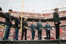 U.S. service members pause for a moment of silence before the San Francisco 49ers Salute to Service game vs. the Seattle Seahawks at Levi’s Stadium Santa Clara, California. Nov. 17, 2024. U.S. service members participated in the Salute to Service game to help honor the nation's service members, veterans and their families. (U.S. Marine Corps photo by Cpl. Sarah M. Grawcock)